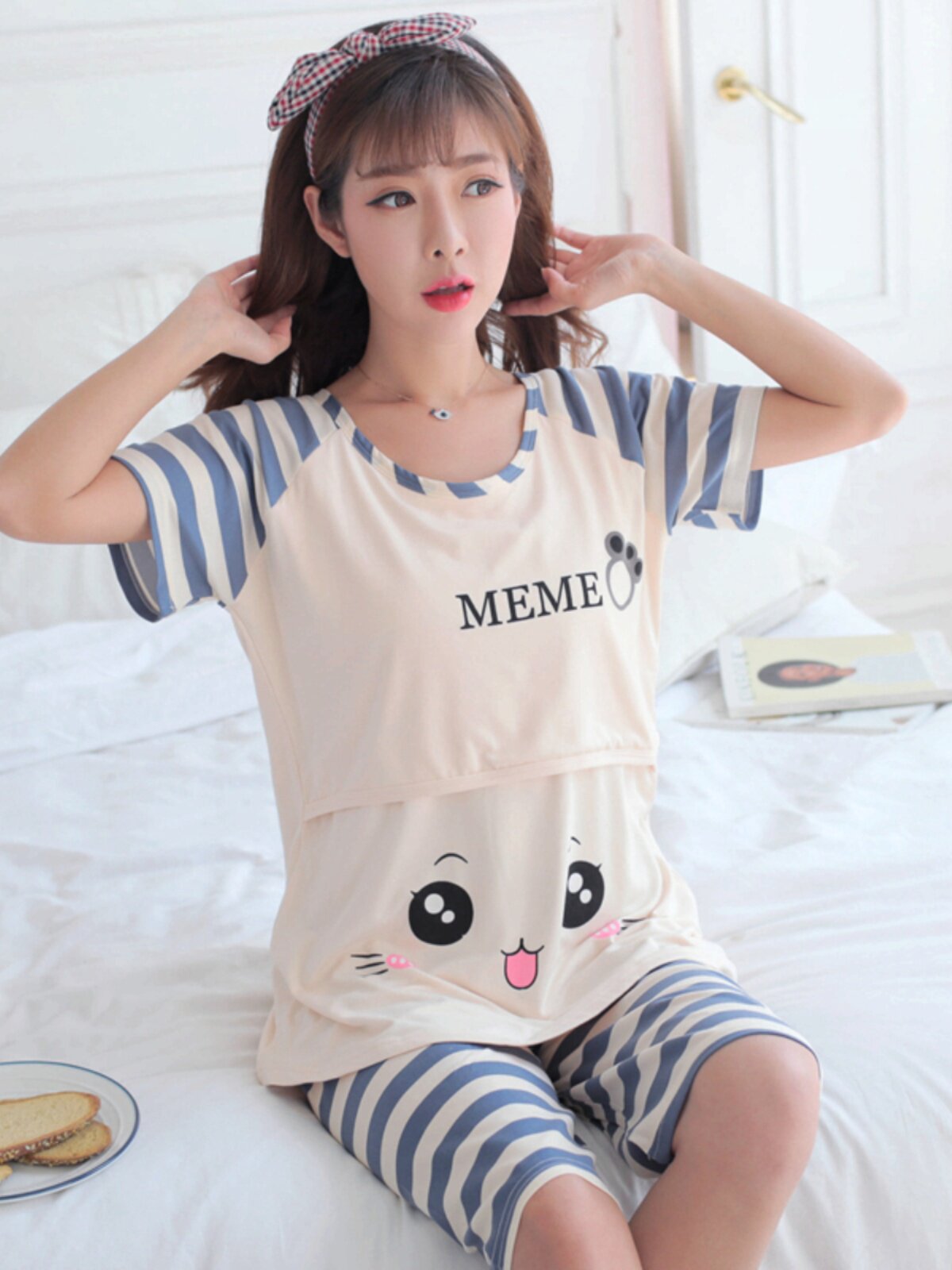 산후 의류 여름 얇은 산후 모유 수유 순수 코튼 출산 잠옷 임산부 모유 수유를위한 여름 반팔 슈트