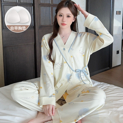 简约款带胸垫纯棉月子服夏秋季薄款产后产妇孕妇哺乳睡衣全棉秋冬 — 8