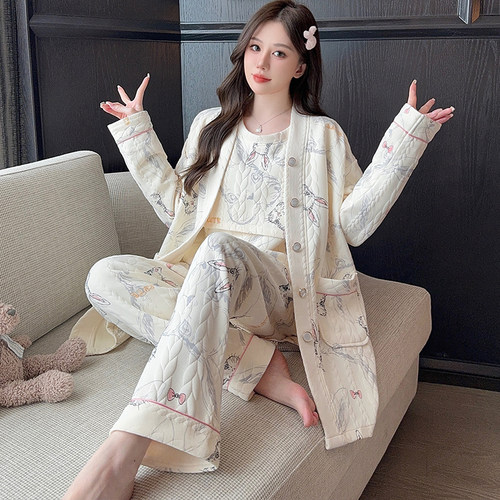 三件套空气棉月子服秋冬季纯棉11月份12产后哺乳孕妇睡衣产妇厚款