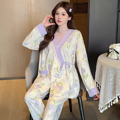 简约款带胸垫纯棉月子服夏秋季薄款产后产妇孕妇哺乳睡衣全棉秋冬 — 1