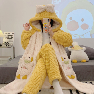珊瑚绒月子服三件套冬季 秋冬款 加厚产后哺乳孕妇睡衣春秋睡袍连帽