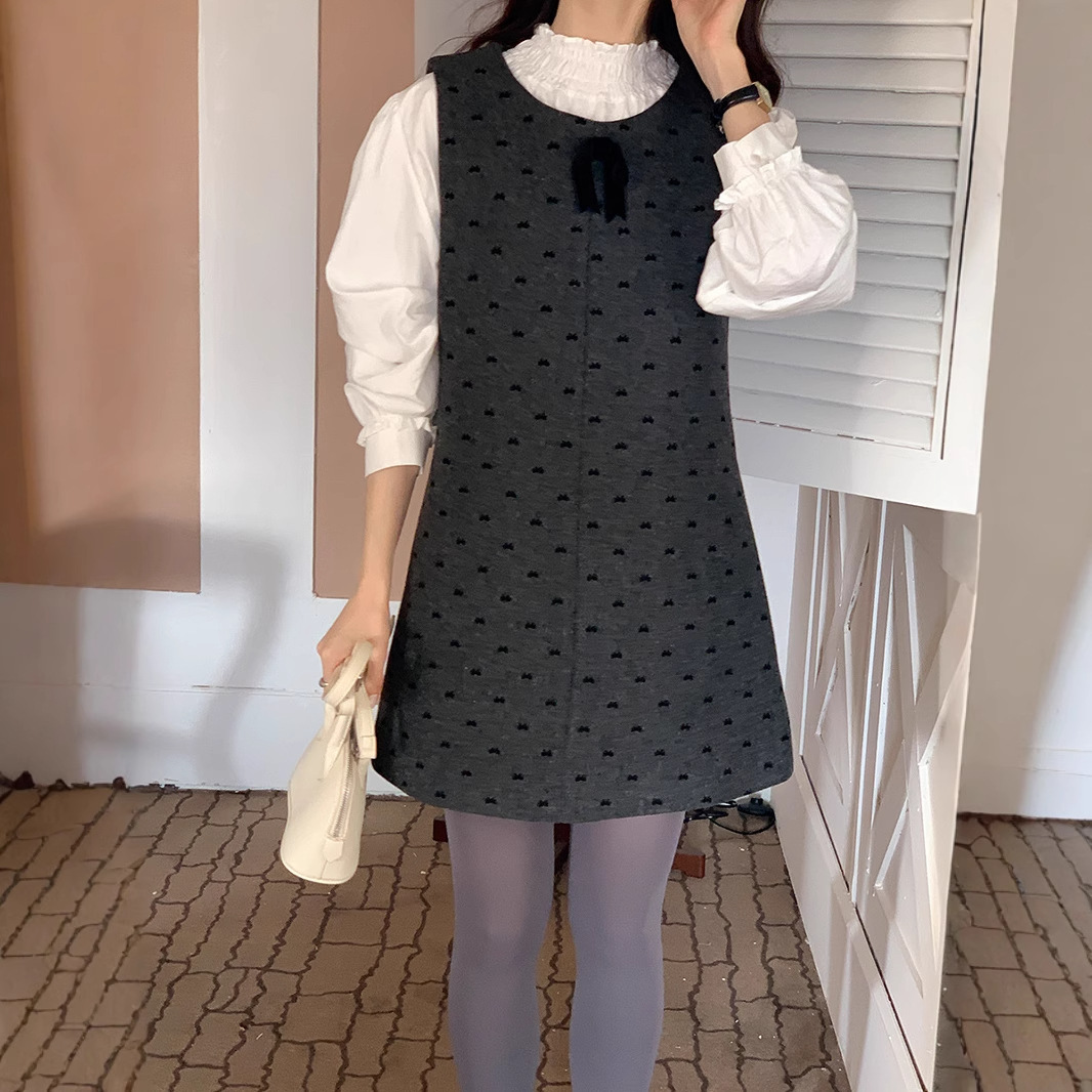 50羊毛波点背心连衣裙女2025新款复古高级感显瘦毛呢中长款裙子