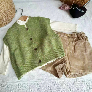 软软糯糯25秋儿童森系复古绿毛衣背心韩版男童女童洋气针织马甲