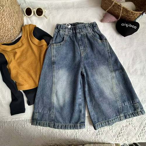 设计感拼接女童牛仔阔腿裤