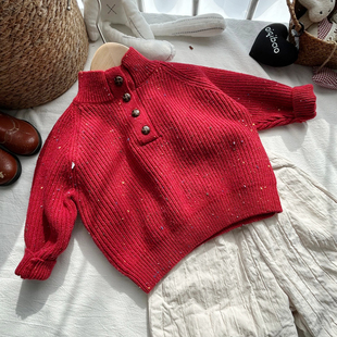 男童女童半高领套头彩点长袖圣诞红毛衣儿童宝宝粗针加厚针织衫8