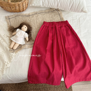 文艺25秋儿童宝宝复古洋气红色宽松打褶长裤 女童小波点棉布阔腿裤
