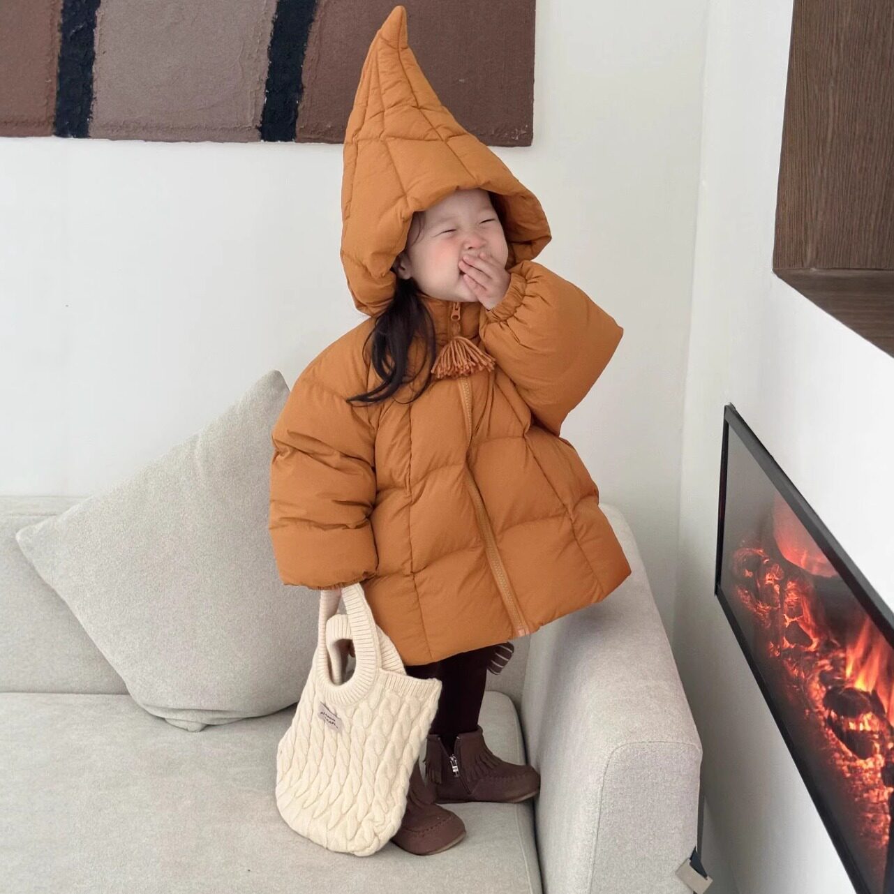 可爱精灵帽男童女童90绒羽绒服中长款儿童宝宝南瓜色新国标外套8