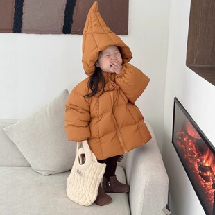 可爱精灵帽男童女童90绒羽绒服中长款儿童宝宝南瓜色新国标外套8