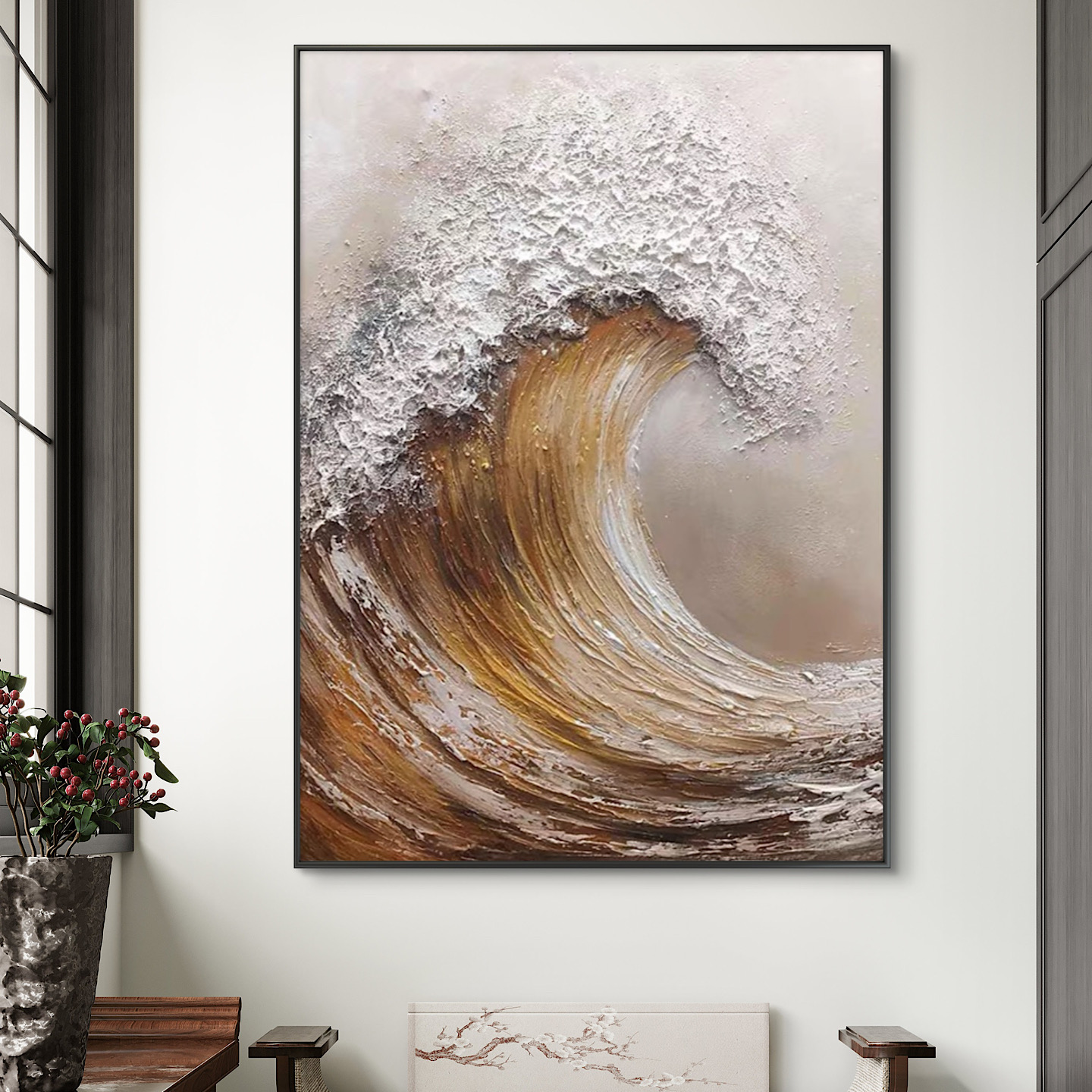 《风生水起》纯手绘油画厚肌理装饰画客厅高级感美式玄关立体挂画图片