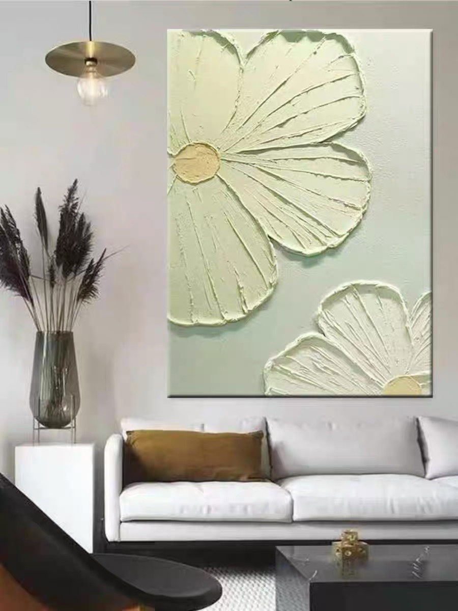 大芬村纯手绘油画奶油风花卉客厅装饰画小众立体肌理画卧室儿童房图片