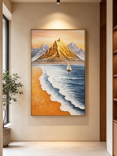纯手绘金山海浪油画海滩风景客厅装饰画高级感壁画肌理玄关挂画