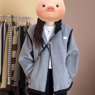 美式复古灰色拼接毛呢外套男女春秋休闲宽松百搭廓形棒球服上衣潮