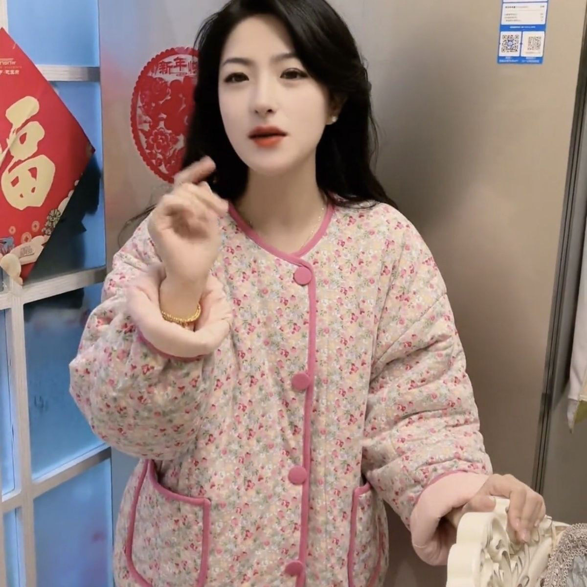 轻薄小碎花棉服女冬季新款宽松百搭居家抗静电加厚开衫棉衣外套潮