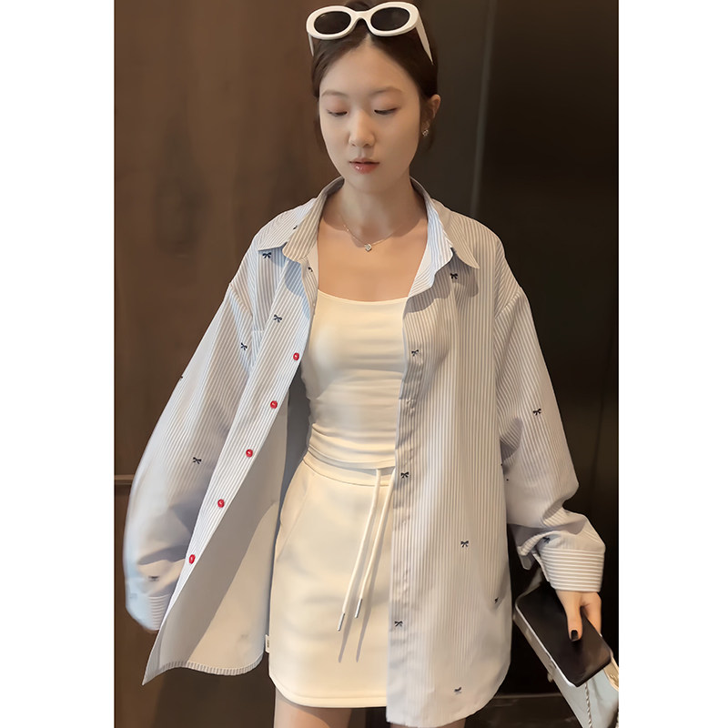 韩系大码条纹蝴蝶结长袖衬衫女夏季宽松显瘦减龄纯欲风防晒上衣