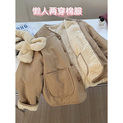 韩系复古卡其色双面穿外套女冬季宽松百搭加绒加厚棉衣夹克棉服潮