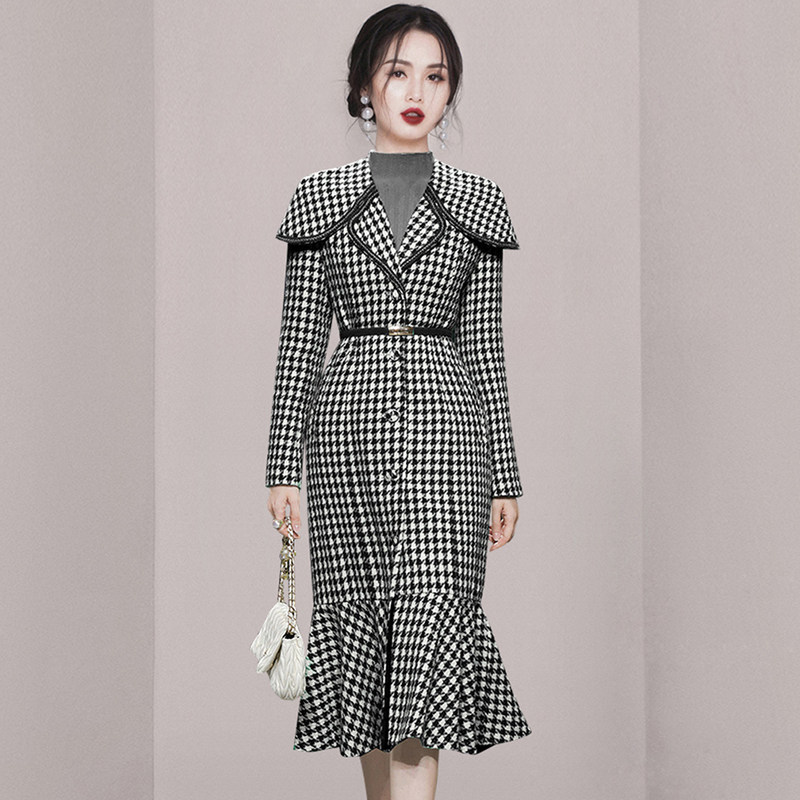 气场强大连衣裙女士高端粗花呢子千鸟格小香风外套女2022秋冬长裙