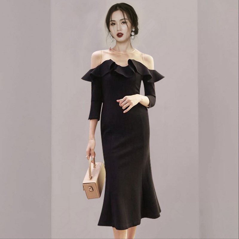 法式小晚礼服高端大气女神范名媛性感一字领露肩荷叶边鱼尾连衣裙