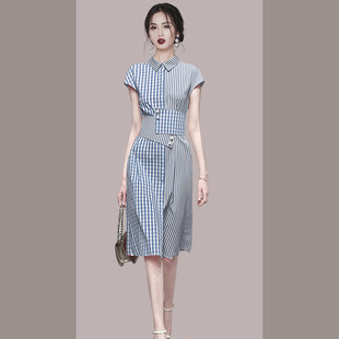 长裙气质收腰显瘦中长款 夏装 蓝色格子衬衫 女装 条纹连衣裙 2022新款