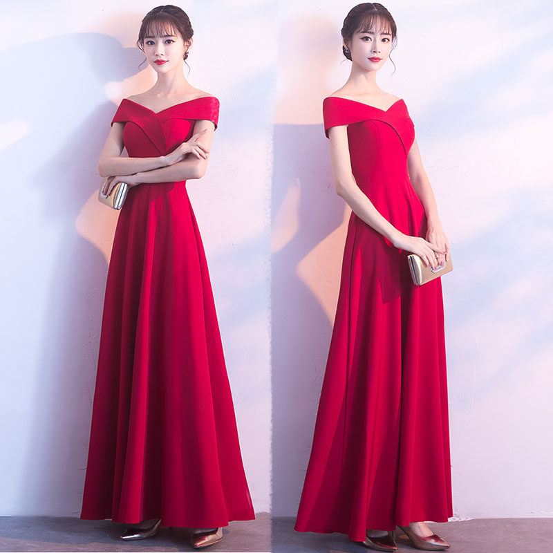 敬酒服新娘2021夏款新款长款结婚礼服现代红色一字肩秋款晚礼服女