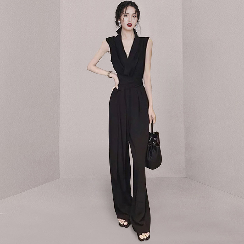 御姐范黑色时尚连体裤女夏新款高级感气质v领无袖收腰显瘦阔腿裤