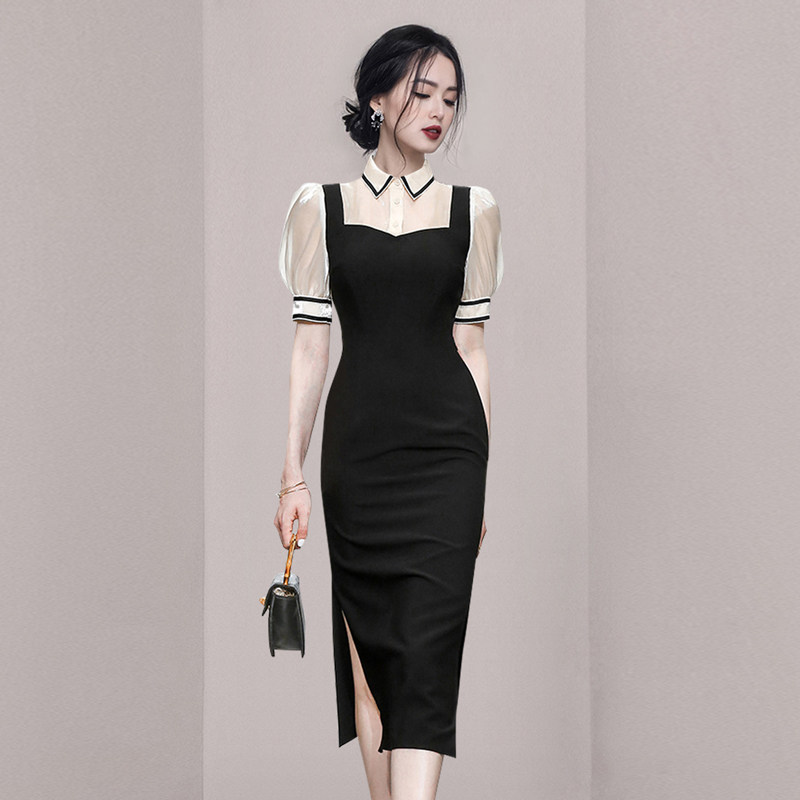 polo职场衬衫领修身风开叉连衣裙图片