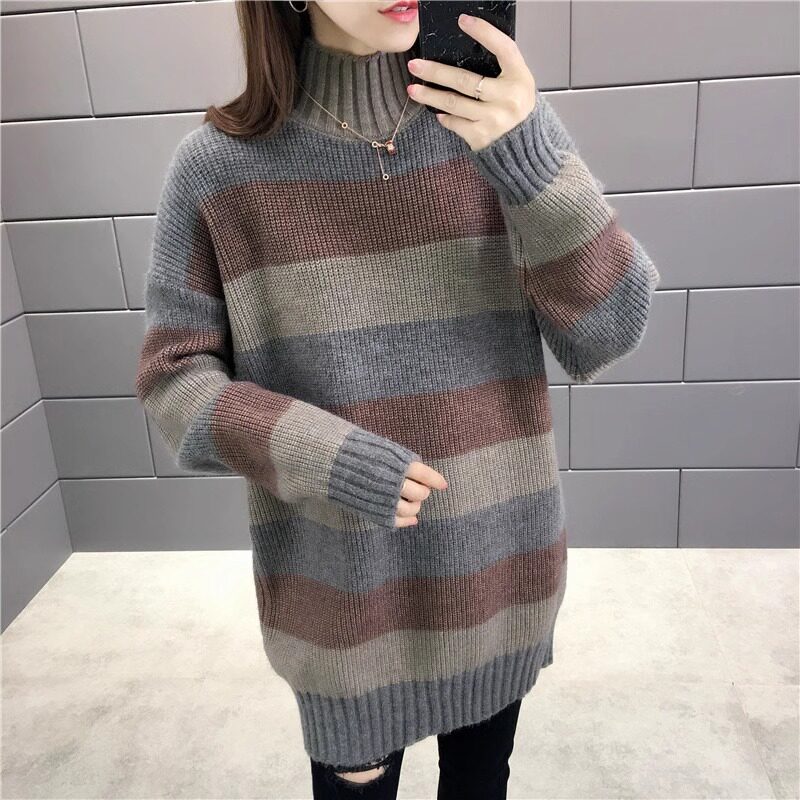 半高领毛衣女秋冬装新款时尚百搭加厚针织衫套头宽松中长款打底衫