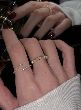 韩版小众设计珍珠水钻交叉镶钻戒指女轻奢风时尚个性百搭高级指环