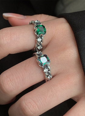 新款s925纯银祖绿极光莫兰迪锆石开口戒指女小众设计高级冷淡风