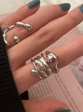 S925银夸张戒指女复古重工不规则滴水开口指环个性潮酷食指戒