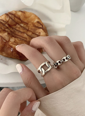 韩国东大门猪鼻子新款小众S925纯银开口复古做旧时尚戒指指环情侣