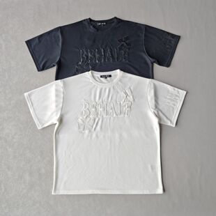 日单高克重纯涤宽松大码复古pu字母印花短袖男女休闲T恤夏季