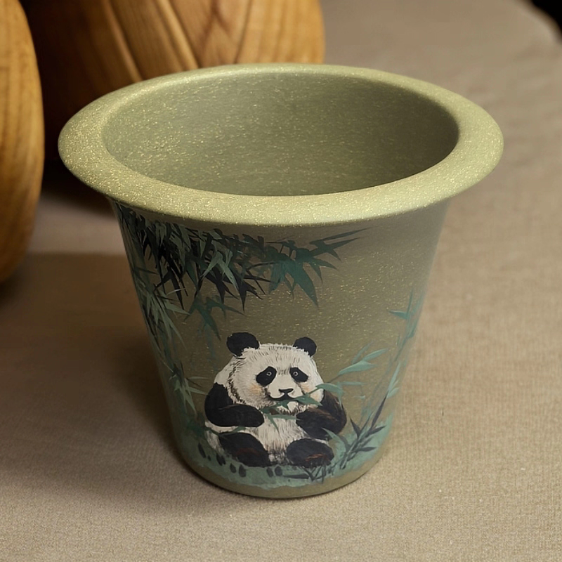 创意杂件全手工苹果绿泥紫砂泥绘竹子胖熊猫花盆卖掉可定做23&times;18