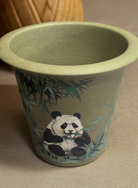 满意紫砂全手工制作精品苹果绿泥泥绘熊猫花盆卖掉可定制23×18