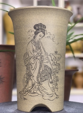 满意紫砂全手工制作精品青段泥刻绘高斗笠花盆口17高25卖掉可定制