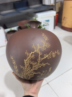 满意紫砂全手工制作微瑕疵紫泥嘟噜瓶刻绘现货一个19×19
