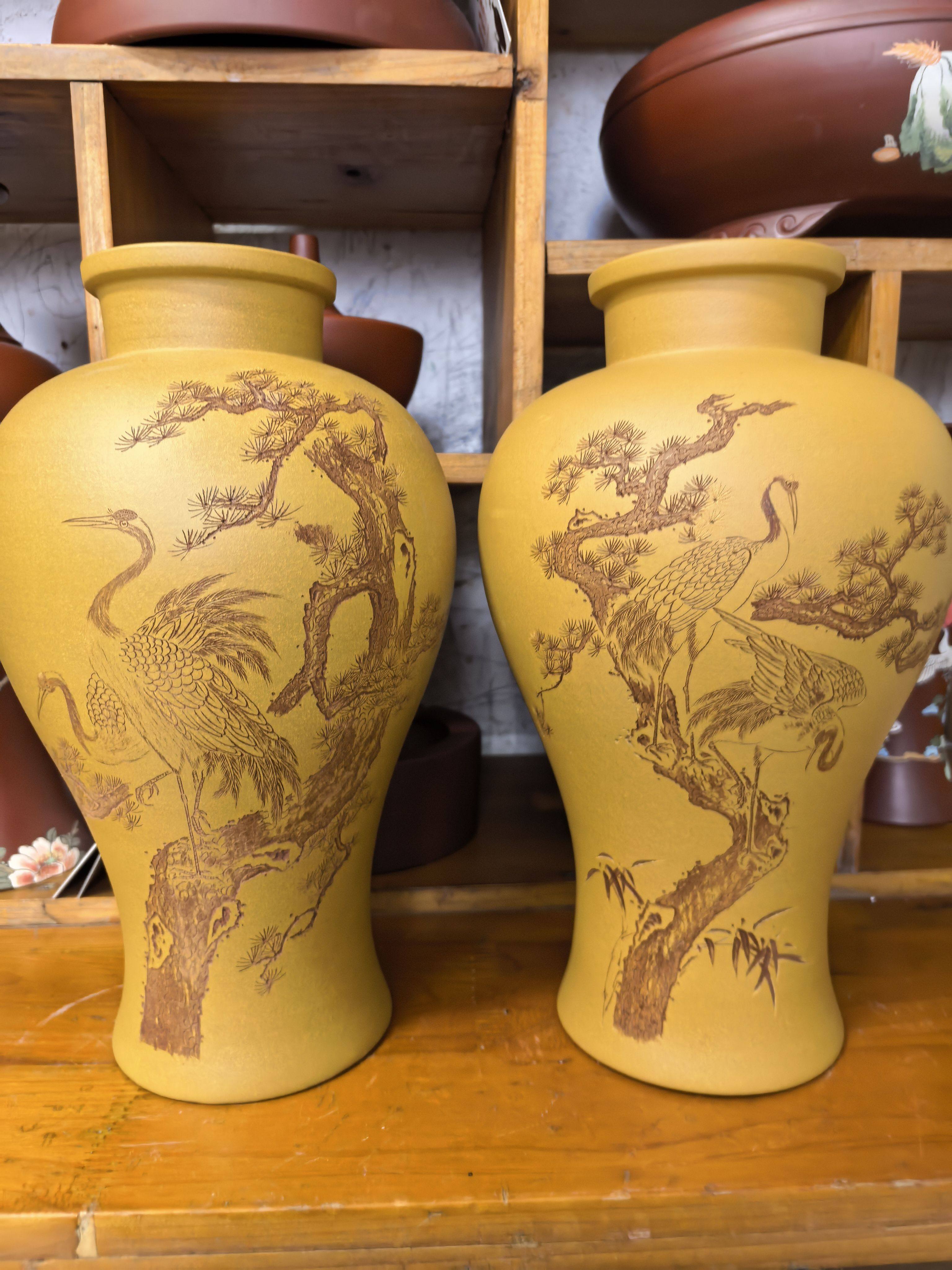 宜兴创意杂件全手工紫砂原矿段泥手工刻字插花瓶一对可定做