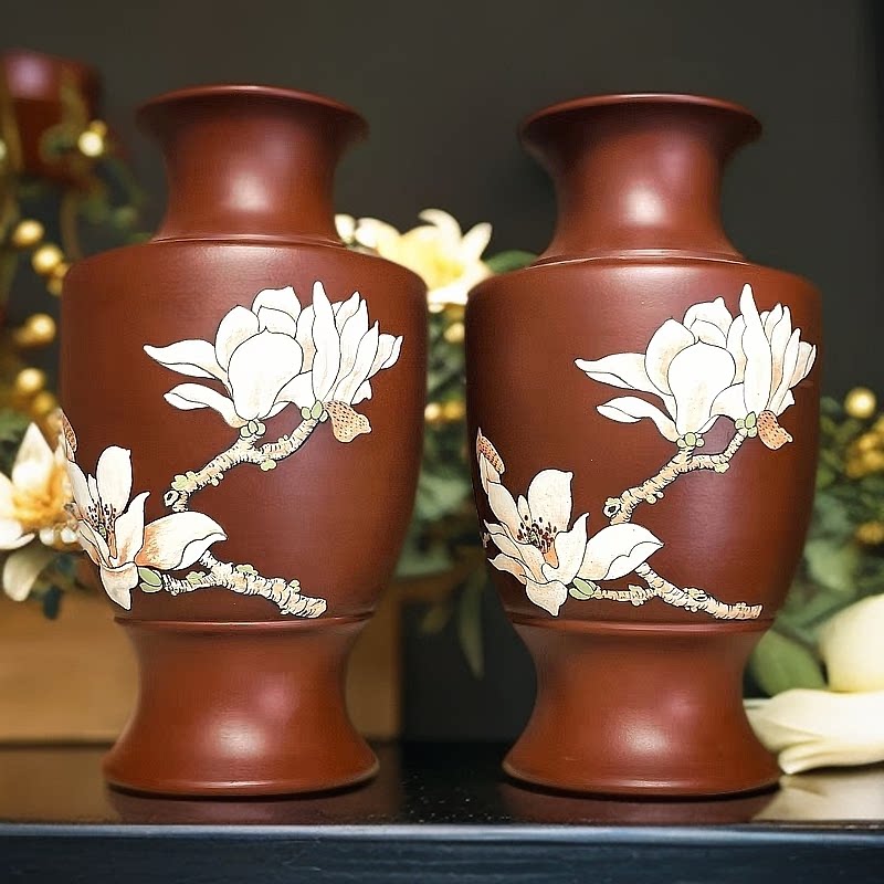 宜兴创意杂件全手工原矿朱泥大红袍彩绘紫砂花瓶一对卖光了可定做