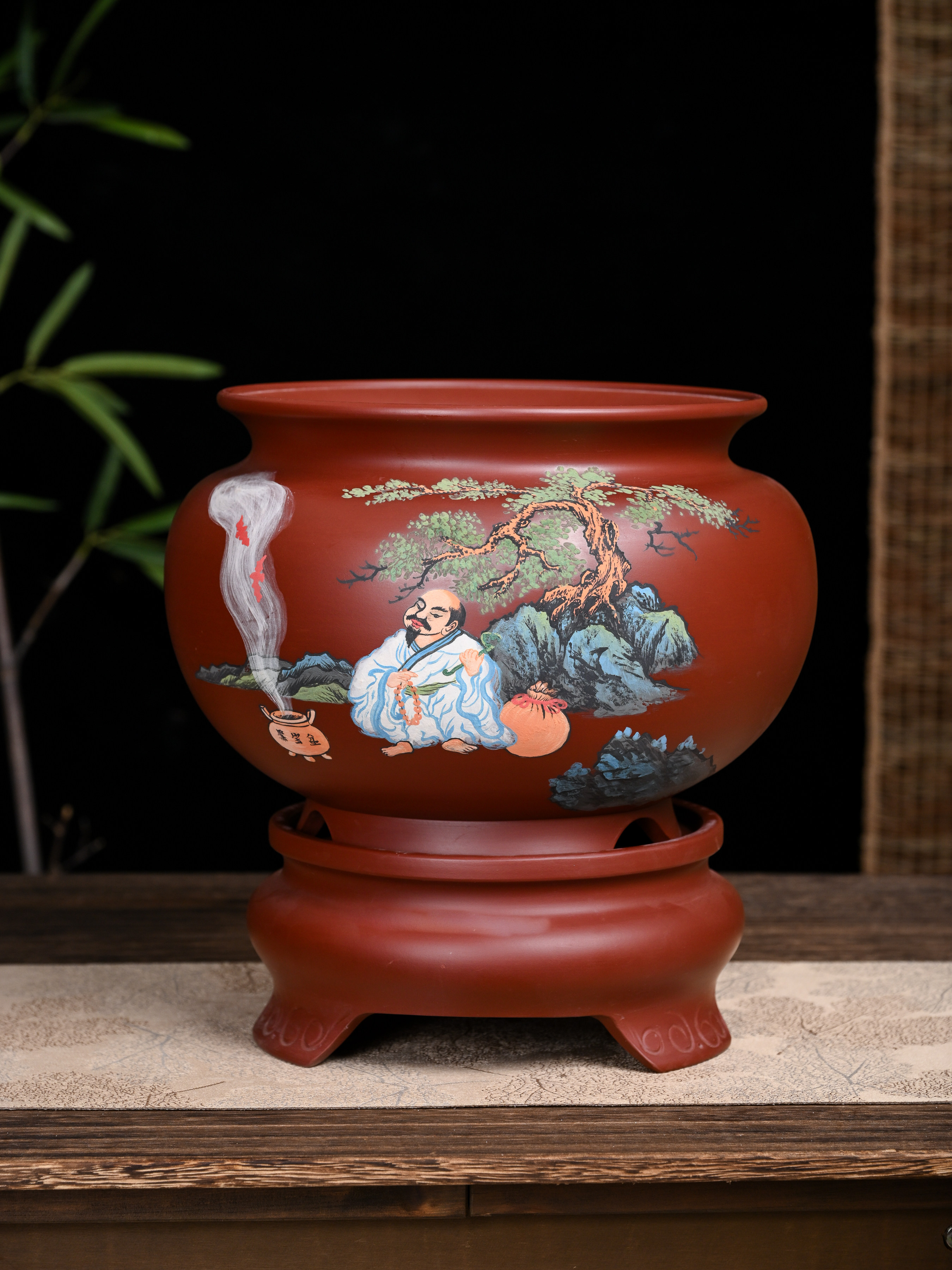 满意紫砂全手工制作朱泥大红袍大花盆泥绘现货一个加底座高28口23