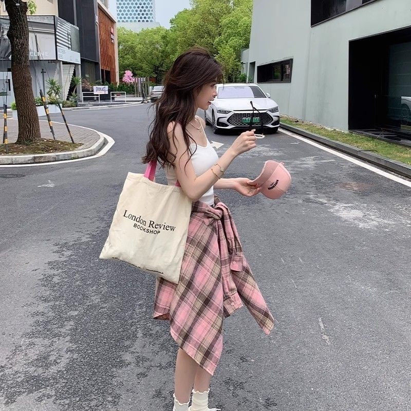 粉色格子美式复古宽松衬衫女