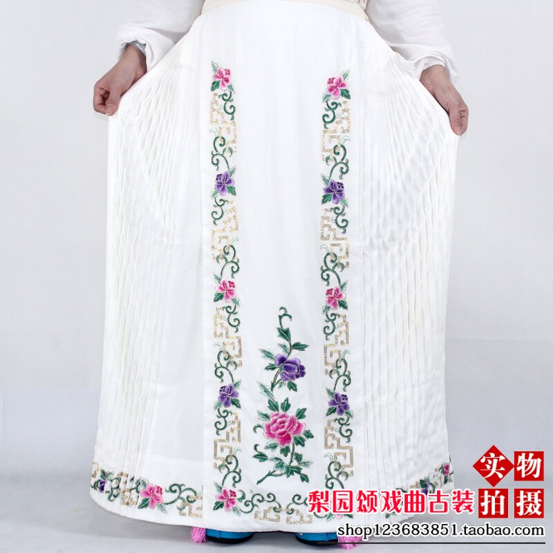 梨园颂新款戏曲服旦角精品鱼鳞马面裙仿真丝白色五彩牡丹回纹腰包