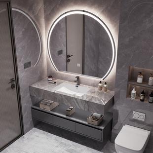 酒店轻奢岩板陶瓷无缝一体盆浴室柜组合可定制卫生间洗手台洗脸池