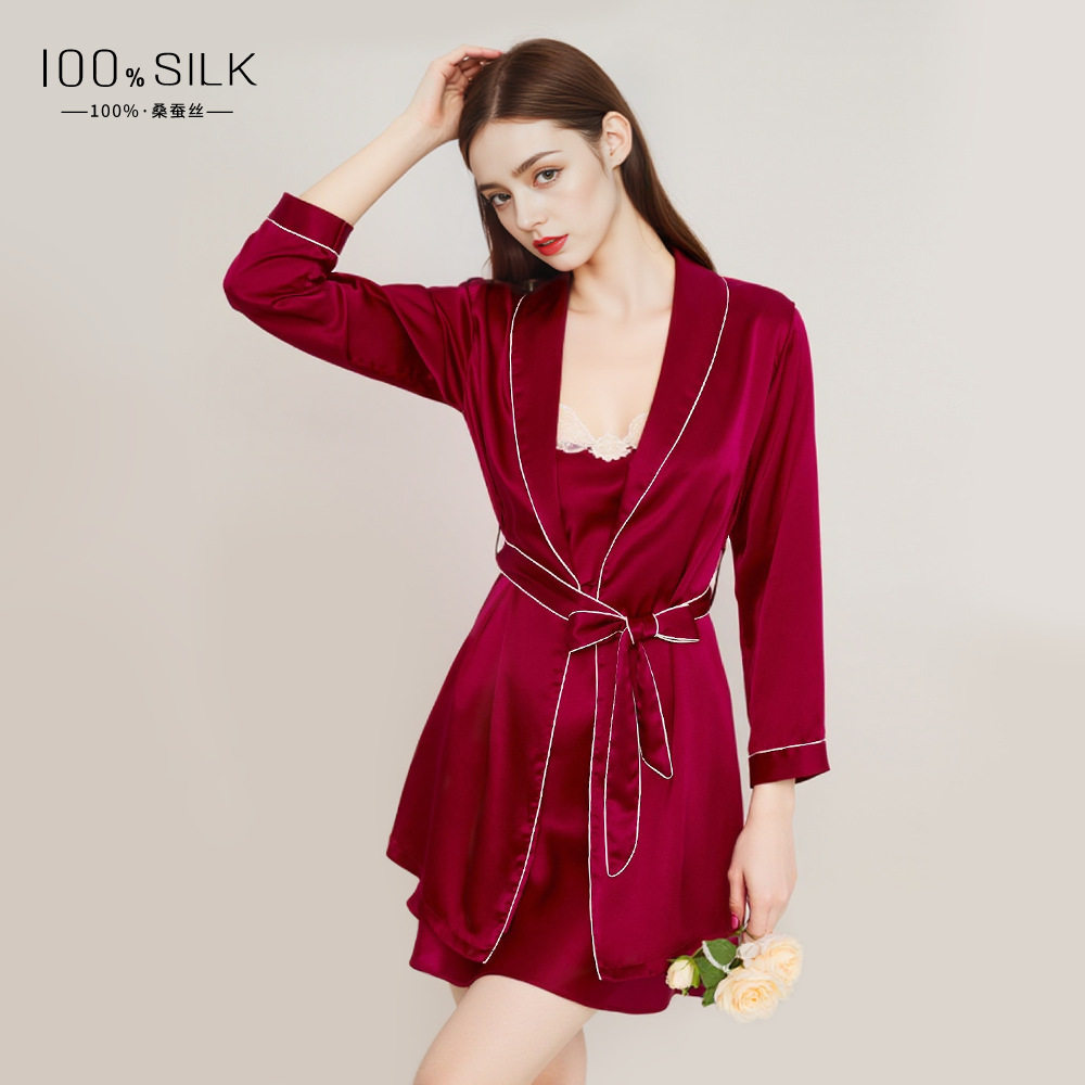 杭州太帛19姆米重磅真丝睡裙睡袍两件套女桑蚕丝绸红色结婚家居服