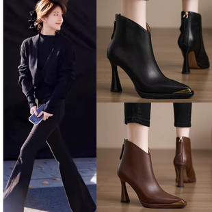 靴 复古时装 许我耀眼赵露思许妍同款 高跟气质潮流短靴金属尖头时尚
