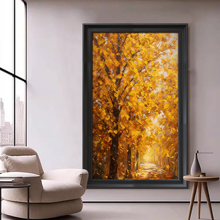 黄金树进门玄关装饰画山水生财肌理感挂画中古风客餐厅背景墙壁画