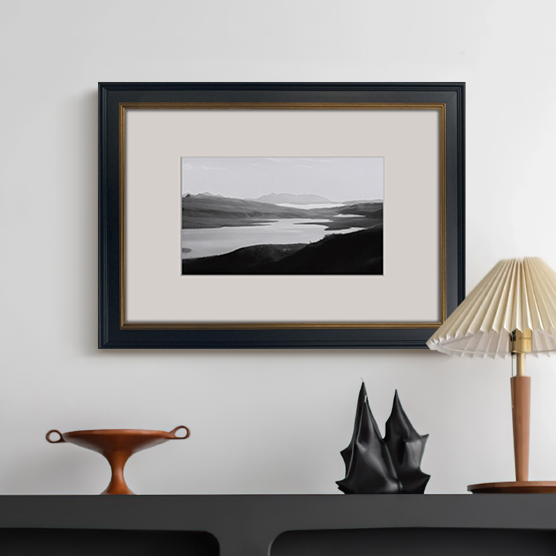 美式复古玄关装饰画黑白极简摄影作品山川风景素描挂画高级感壁画图片