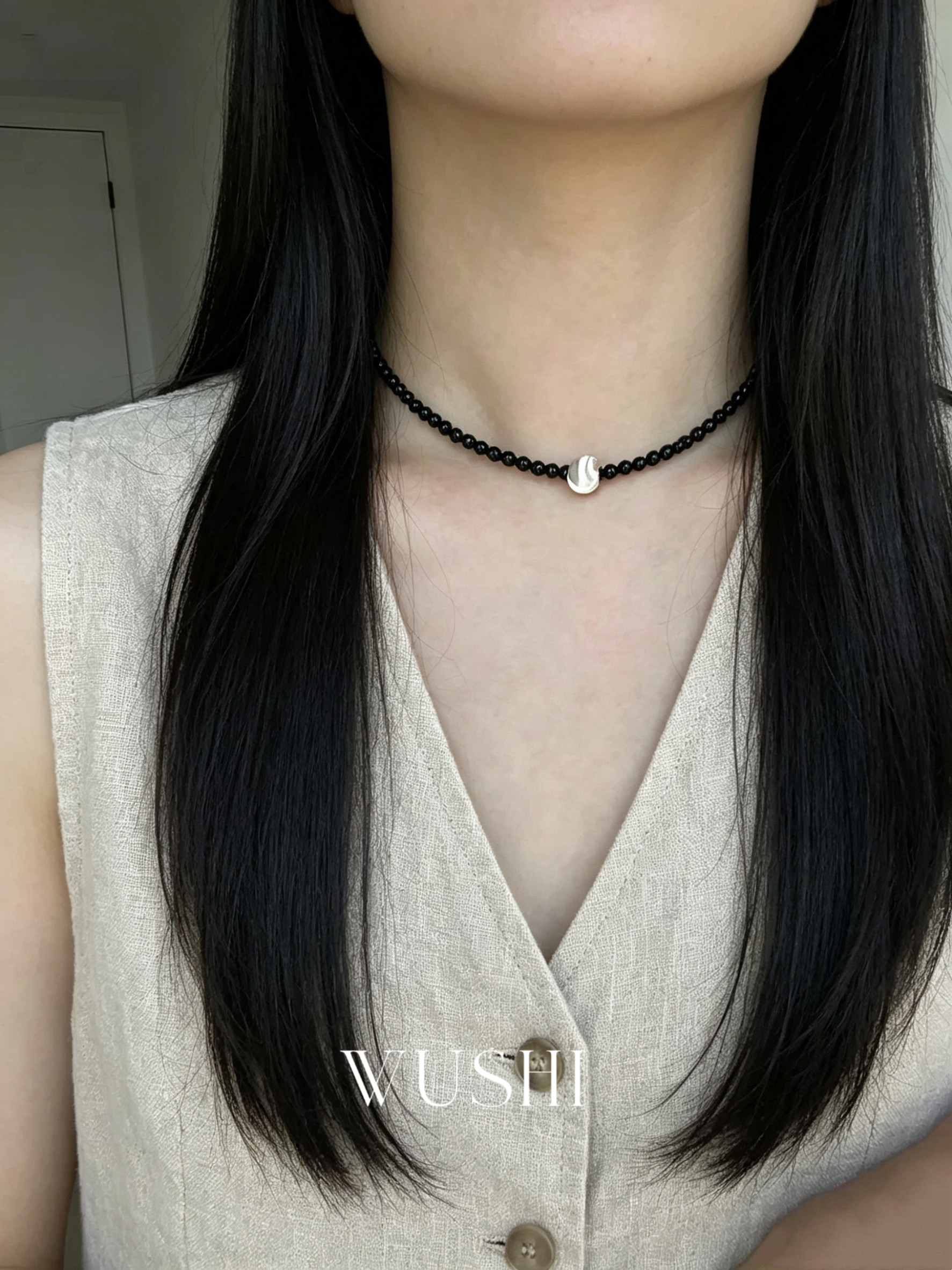 7a黑玛瑙拉丝猫眼银球纯银项链女小众轻奢高级感锁骨链叠戴