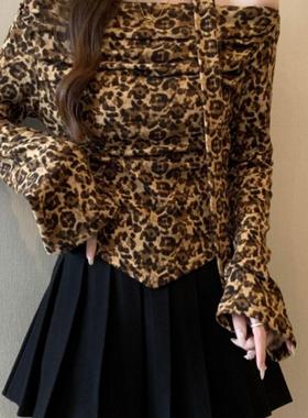 时尚潮流设计感一字领挂脖上衣女春秋款露肩飘带修身喇叭长袖T恤