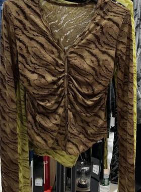 外贸折扣女装清仓特价不规则V领长袖豹纹T恤修身显瘦辣妹打底上衣