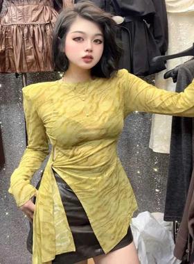 外贸折扣女装清仓特价不规则开叉设计感修身显瘦百搭圆领长袖T恤