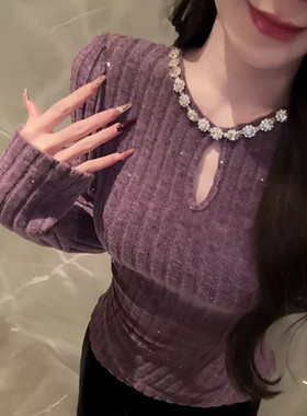 捡漏特价剪镖外贸折扣高级感重工镶钻不规则捏褶修身显瘦长袖上衣